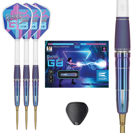 Rising Sun Gen 8 Steel Tip Darts main product image showing the darts, packaging, flights, shafts, and included accessories