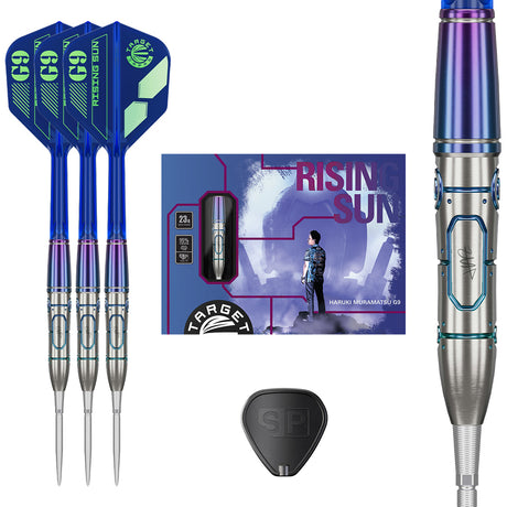 Target Japan Rising Sun G9 Smooth Swiss Point Steel Tip Darts main product image showing the darts, packaging, flights, shafts, and included accessories