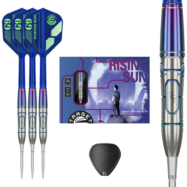 Target Japan Rising Sun G9 Smooth Swiss Point Steel Tip Darts main product image showing the darts, packaging, flights, shafts, and included accessories