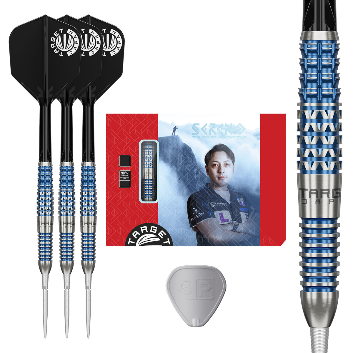 Target Japan Sereno G2 Swiss Point Steel Tip Darts main product image showing the darts, packaging, flights, shafts, and included accessories