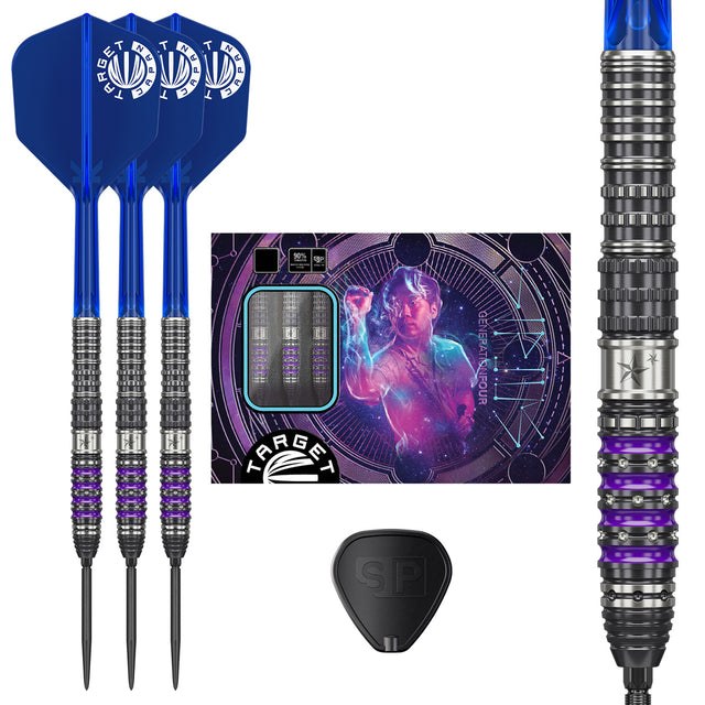 Target Japan Sirius G4 Swiss Point Steel Tip Darts main product image showing the darts, packaging, flights, shafts, and included accessories