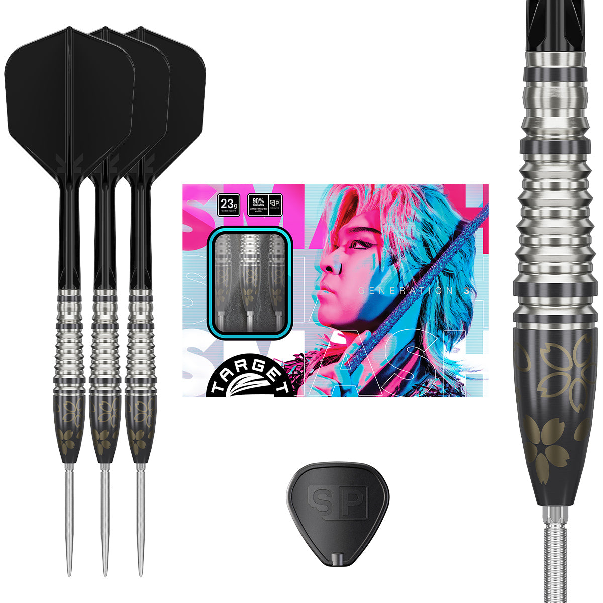 Smash G3 Steel Tip Darts main product image showing the darts, packaging, flights, shafts, and included accessories