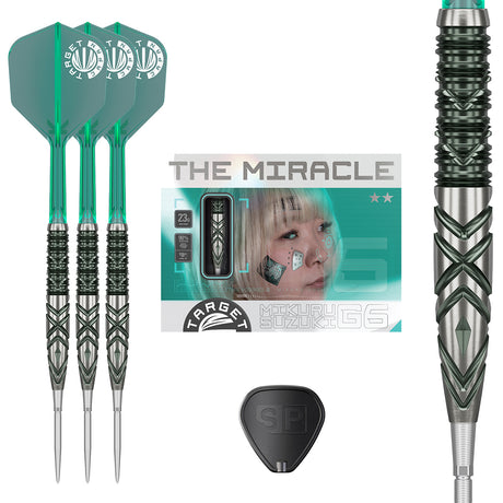 The Miracle Mikuru Suzuki G6 Steel Tip Darts main product image showing the darts, packaging, flights, shafts, and included accessories