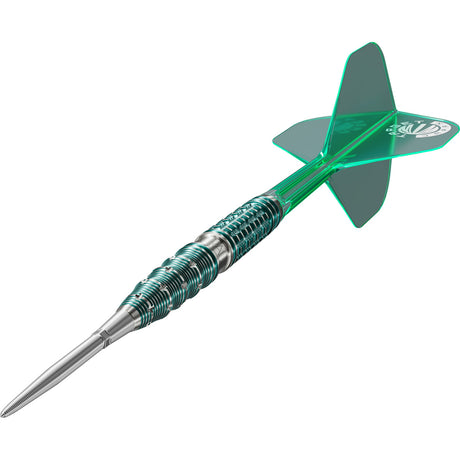 The Miracle Mikuru Suzuki G7 Steel Tip Darts close up image highlighting the barrel grip texture, coating, machining, and design details