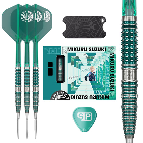 The Miracle Mikuru Suzuki G7 Steel Tip Darts main product image showing the darts, packaging, flights, shafts, and included accessories