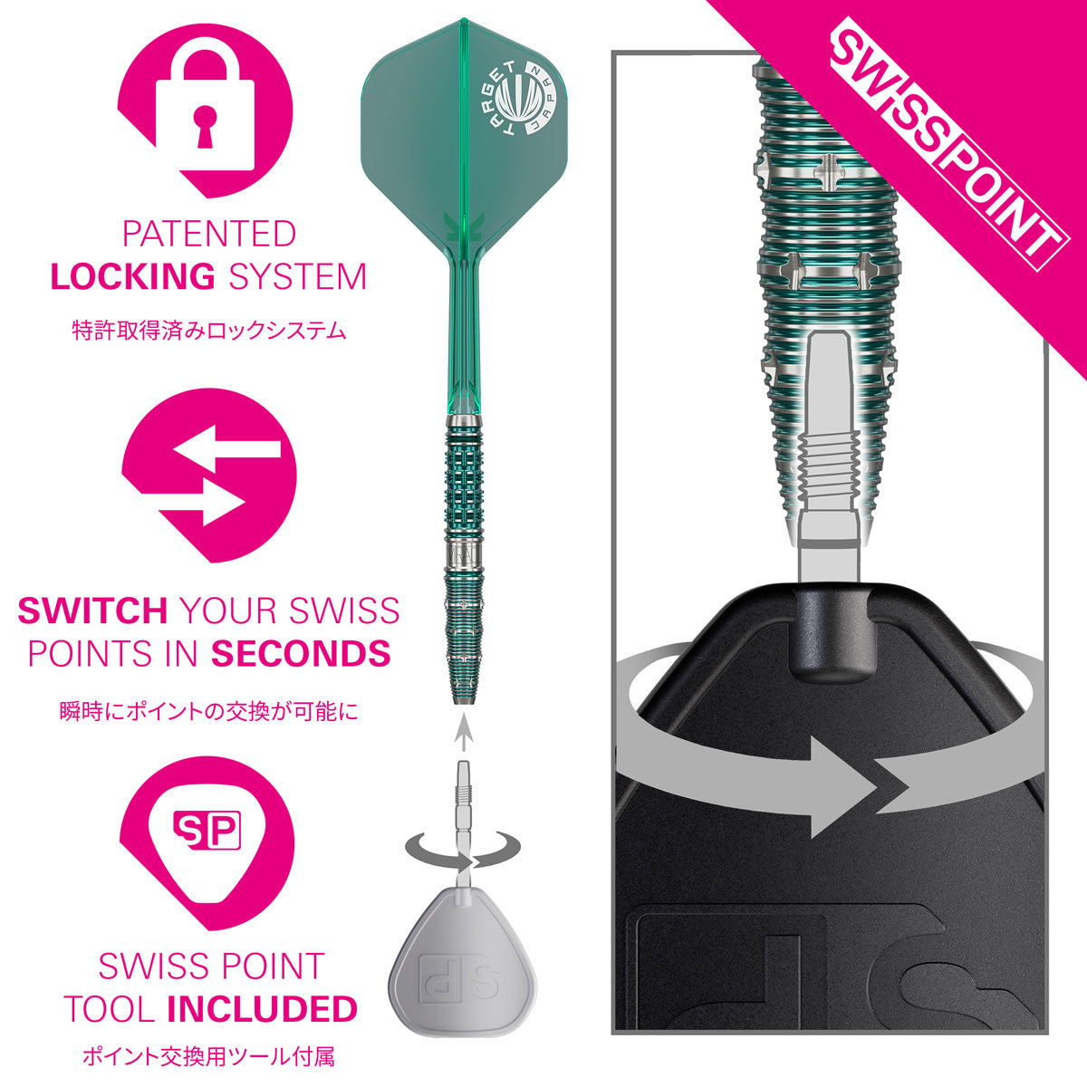 The Miracle Mikuru Suzuki G7 Steel Tip Darts Swiss Point demonstration image showing the interchangeable point system in use