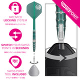 The Miracle Mikuru Suzuki G7 Steel Tip Darts Swiss Point demonstration image showing the interchangeable point system in use