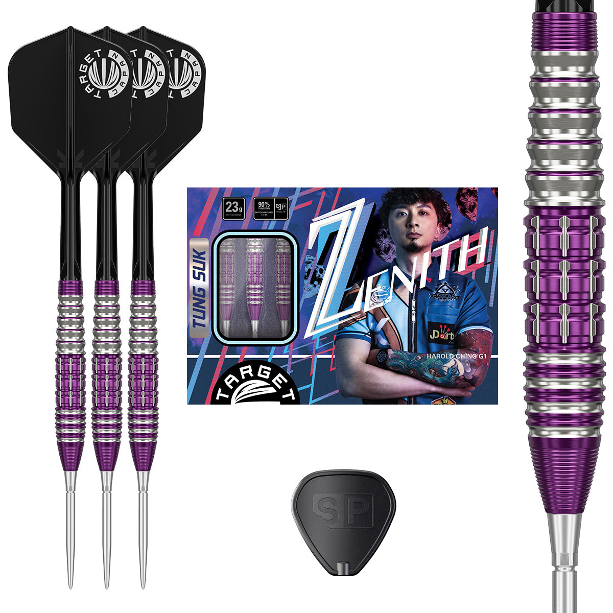 Zenith G1 Steel Tip Darts main product image showing the darts, packaging, flights, shafts, and included accessories