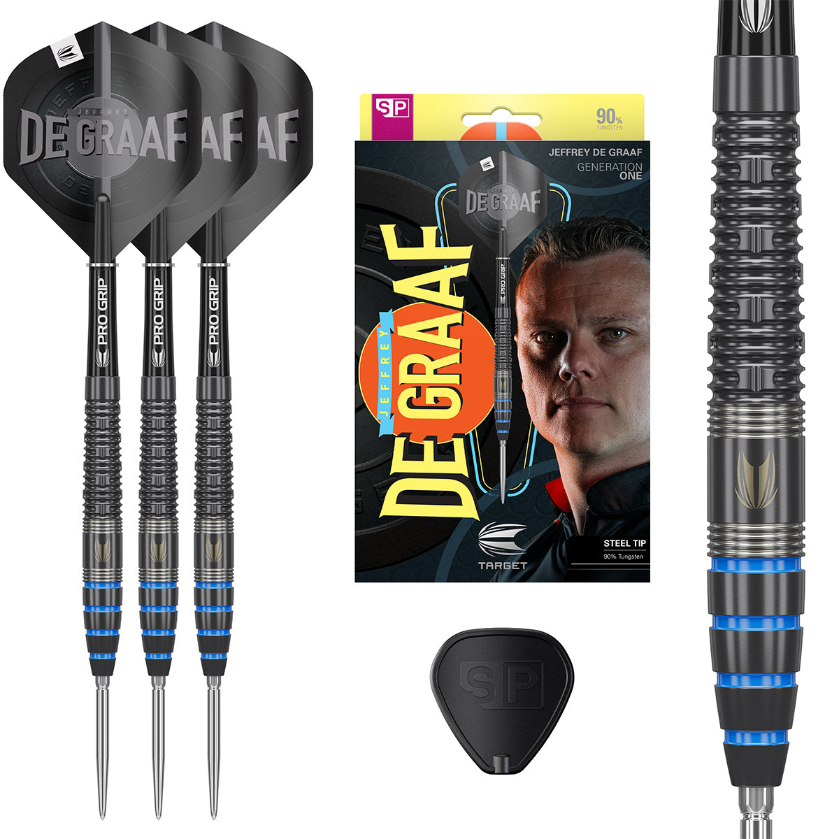 Jeffrey De Graaf SP Steel Tip Darts main product image showing the darts, packaging, flights, shafts, and included accessories