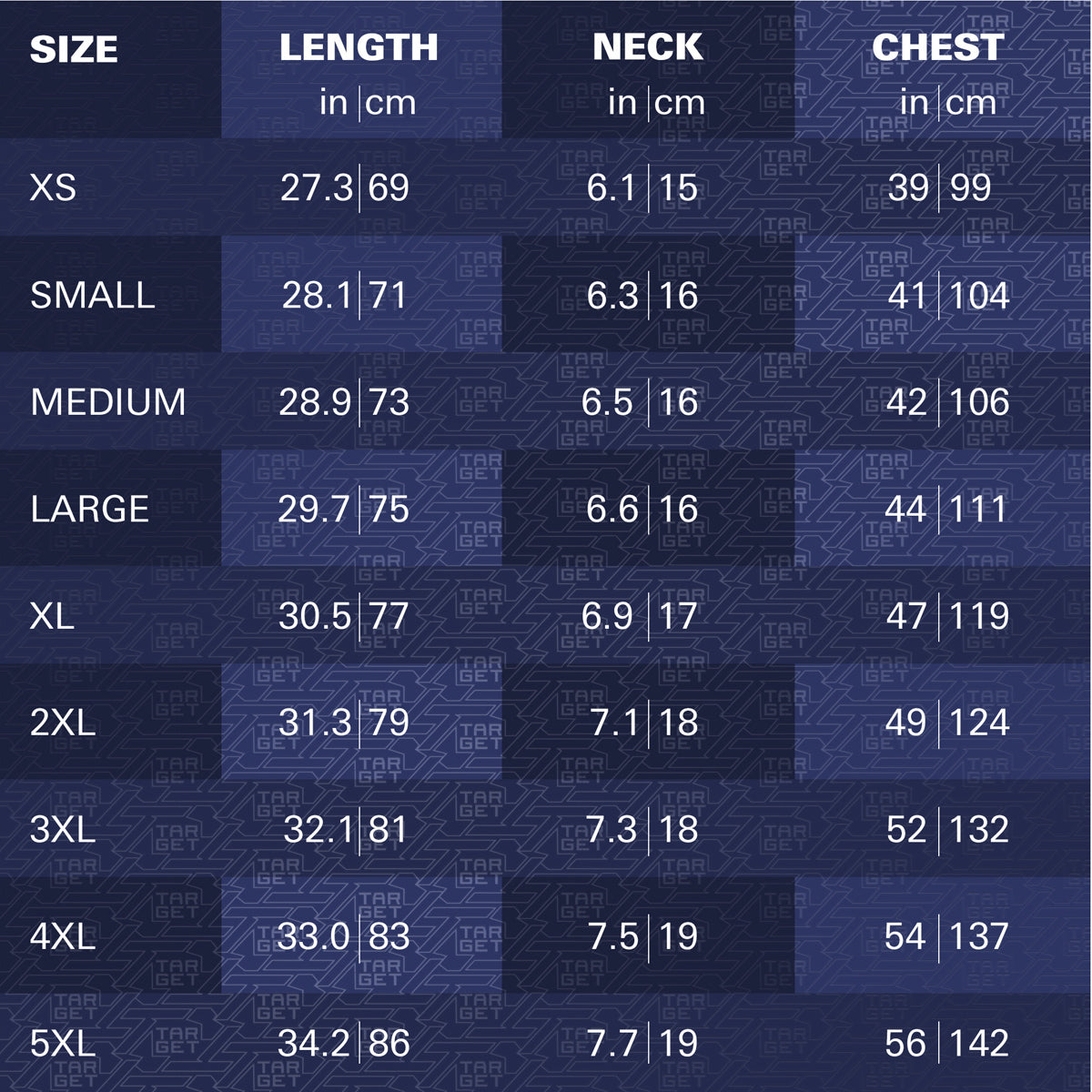 Target Josh Rock 2025 Playing Shirt sizing guide image showing available measurements and fit information