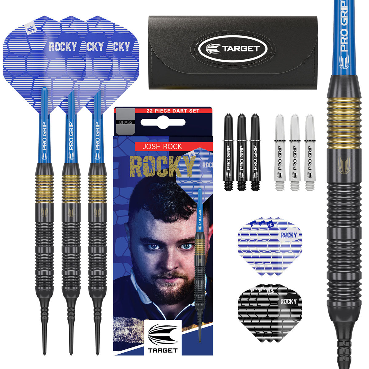 Josh Rock Brass Soft Tip Darts main product image showing the darts, packaging, flights, shafts, and included accessories