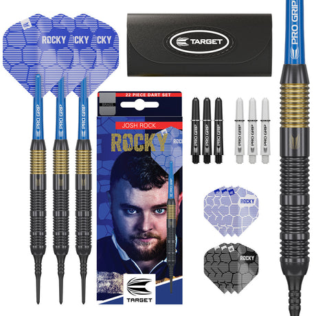 Josh Rock Brass Soft Tip Darts main product image showing the darts, packaging, flights, shafts, and included accessories