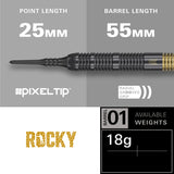Josh Rock Brass Soft Tip Darts specifications image showing barrel dimensions, weight, and technical details