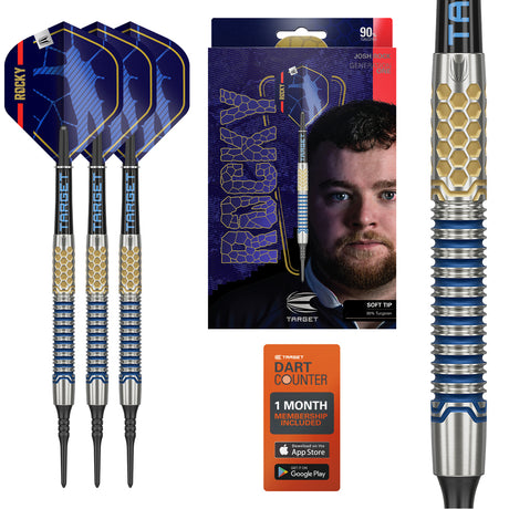 Josh Rock G1 Soft Tip Darts main product image showing the darts, packaging, flights, shafts, and included accessories