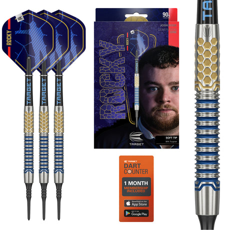 Josh Rock G1 Soft Tip Darts main product image showing the darts, packaging, flights, shafts, and included accessories