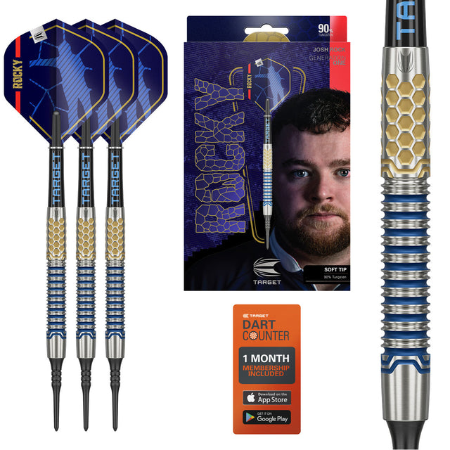 Josh Rock G1 Soft Tip Darts main product image showing the darts, packaging, flights, shafts, and included accessories