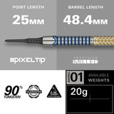 Josh Rock G1 Soft Tip Darts specifications image showing barrel dimensions, weight, and technical details