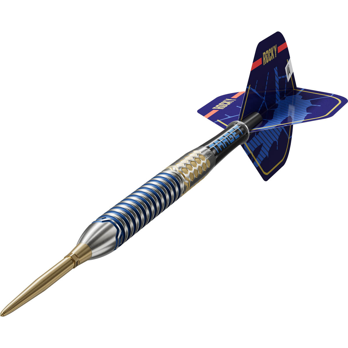 Josh Rock G1 SP Steel Tip Darts dynamic angle view showing the barrel and grip up close