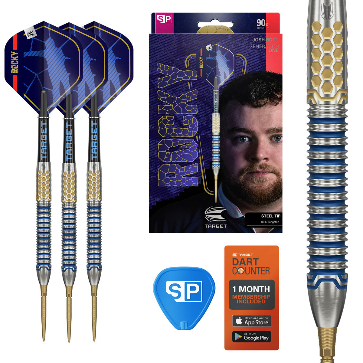 Josh Rock G1 SP Steel Tip Darts main product image showing the box, darts, flights, shafts, and included accessories