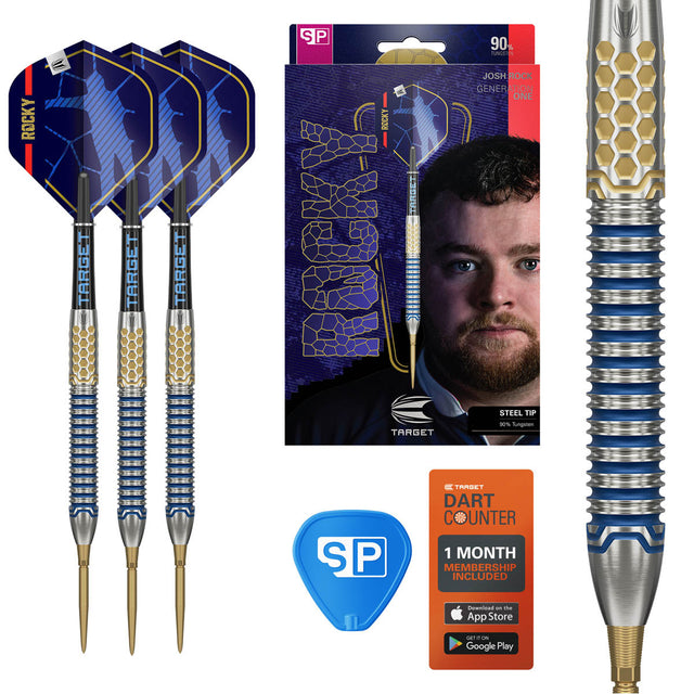 Josh Rock G1 SP Steel Tip Darts main product image showing the box, darts, flights, shafts, and included accessories