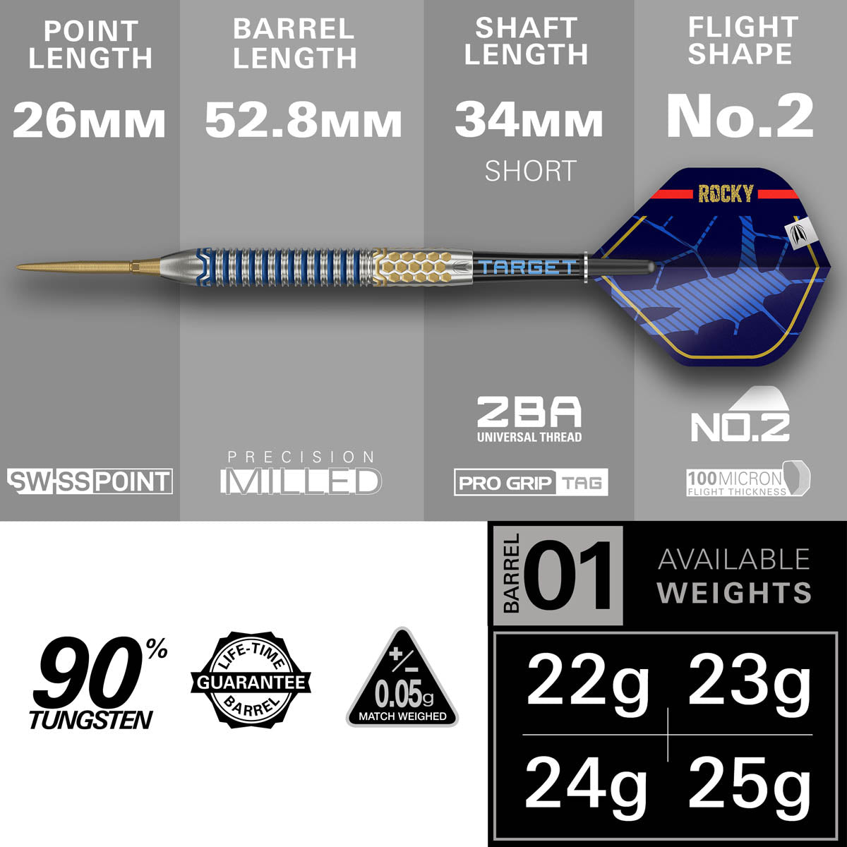 Josh Rock G1 SP Steel Tip Darts specifications image showing barrel dimensions, weight, and technical details