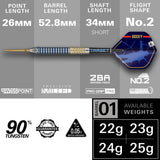 Josh Rock G1 SP Steel Tip Darts specifications image showing barrel dimensions, weight, and technical details