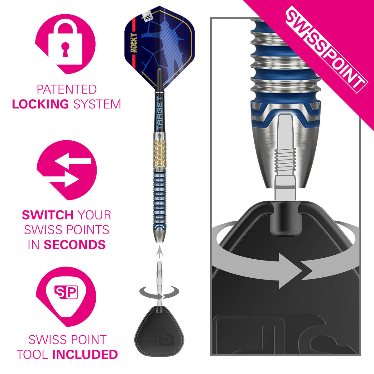 Josh Rock G1 SP Steel Tip Darts Swiss Point demonstration image showing the interchangeable point system