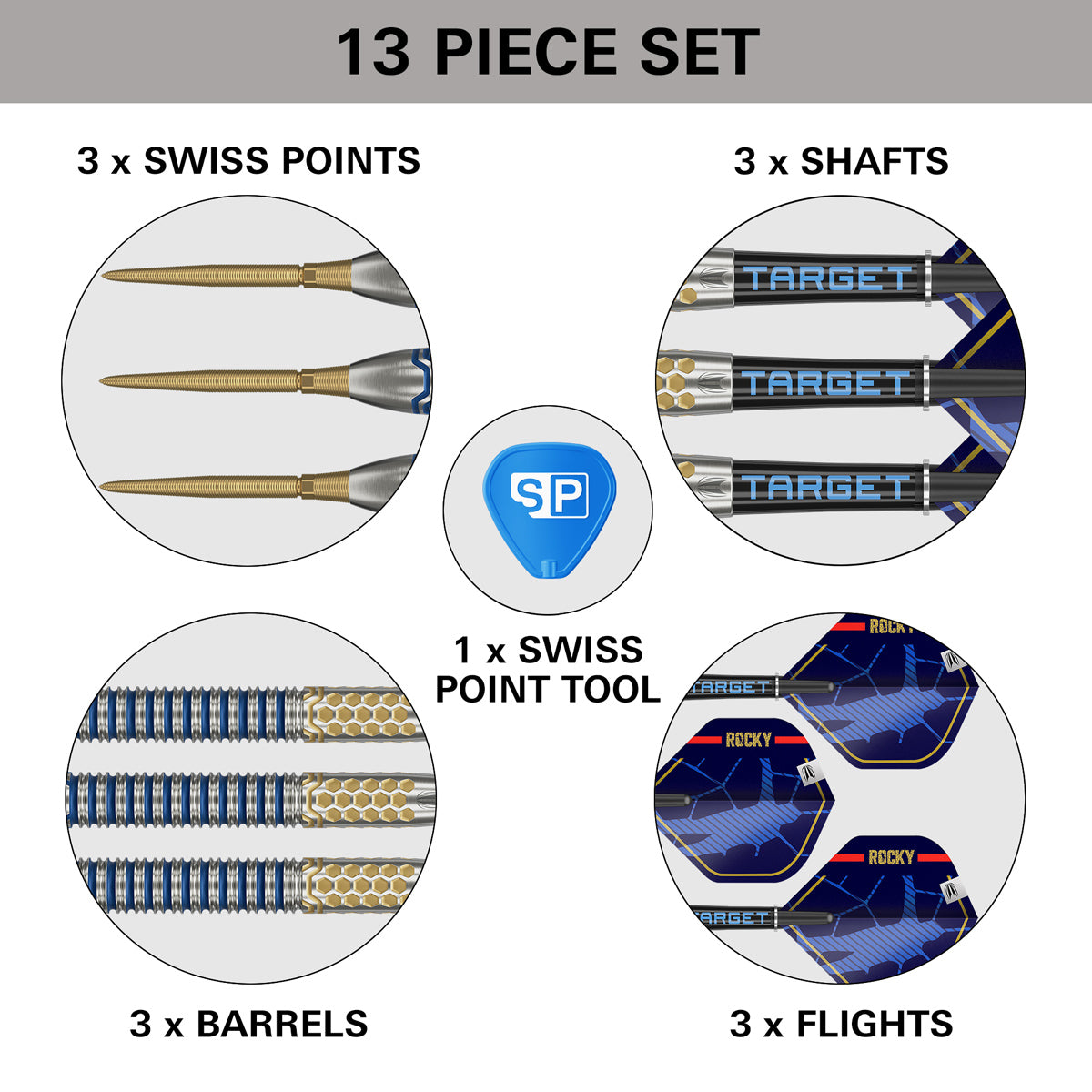 Josh Rock G1 SP Steel Tip Darts what’s included image showing all items supplied inside the box
