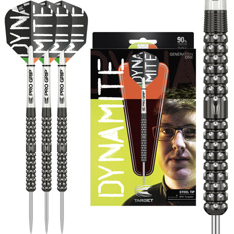 Keane Barry Steel Tip Darts main product image showing the darts, packaging, flights, shafts, and included accessories