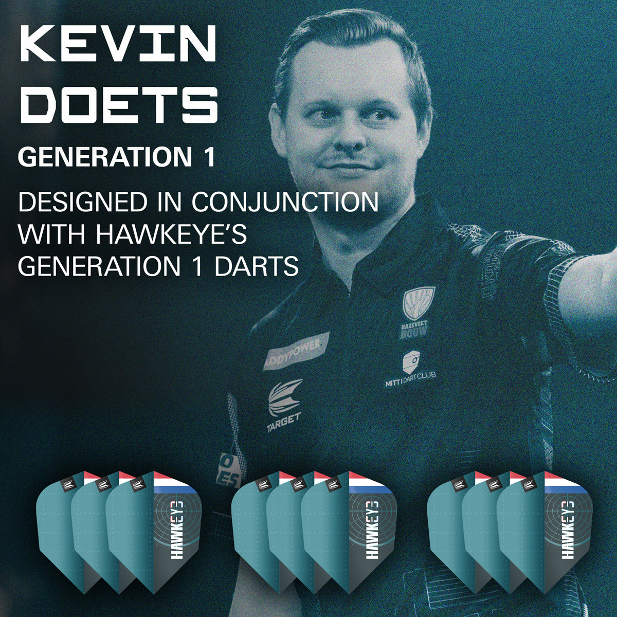 Kevin Doets Pro Ultra Dart Flights x 3 Sets by Target image highlighting the compatible Target Kevin Doets dart range.