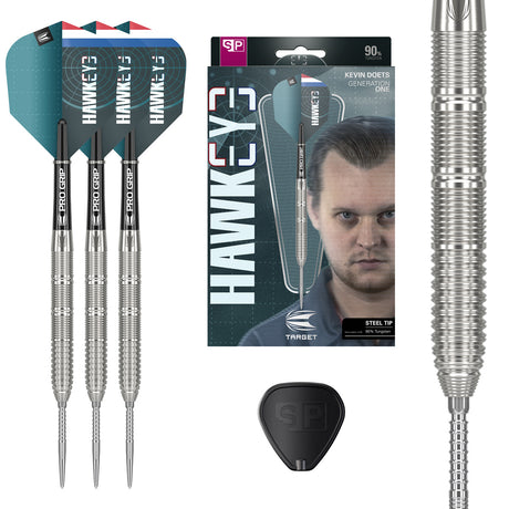 Kevin Doets SP Steel Tip Darts main product image showing the darts, packaging, flights, shafts, and included accessories