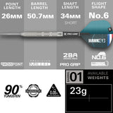 Kevin Doets Steel Tip Darts specifications image showing barrel dimensions, weight, and technical details