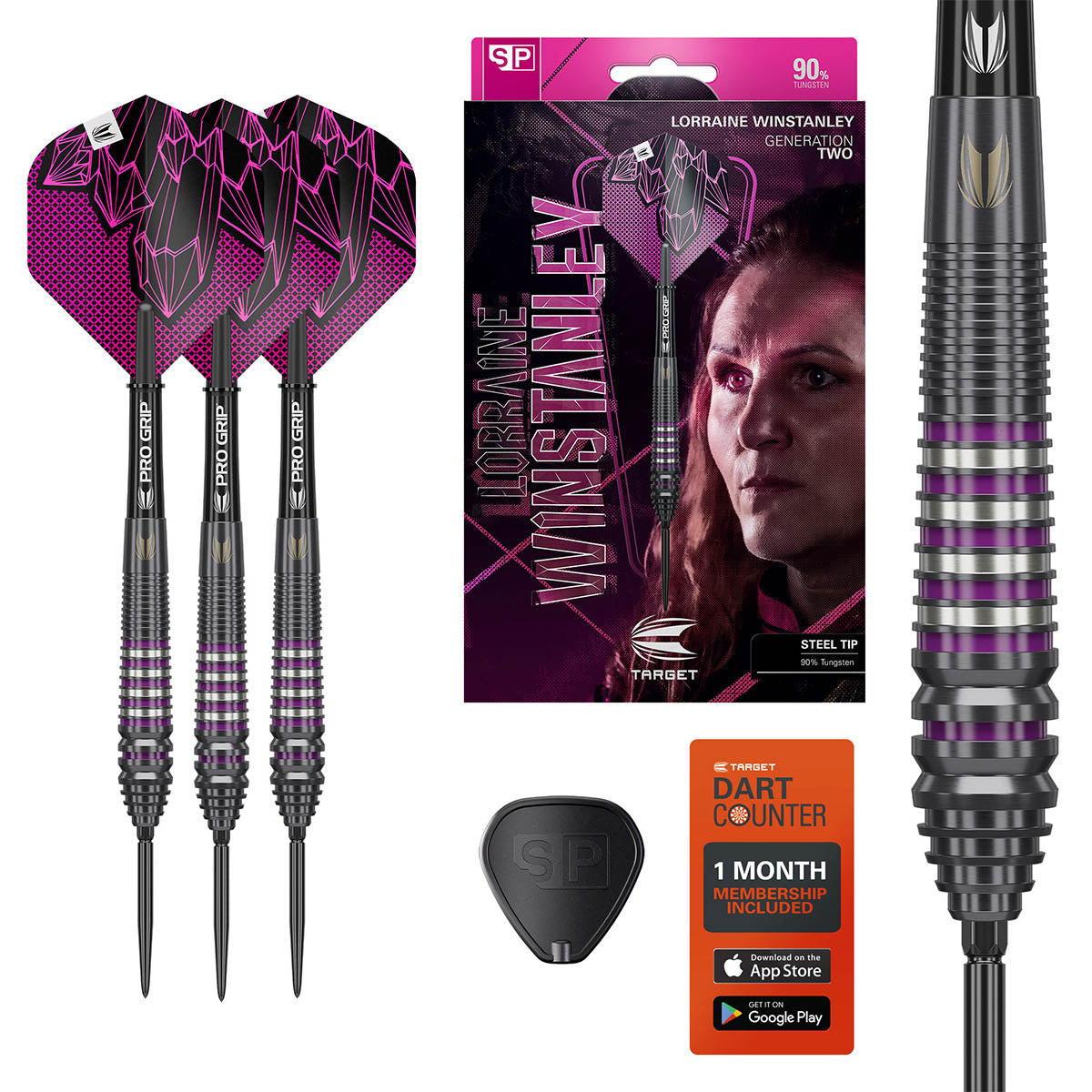 Lorraine Winstanley G2 SP Steel Tip Darts main product image showing the darts, packaging, flights, shafts, and included accessories