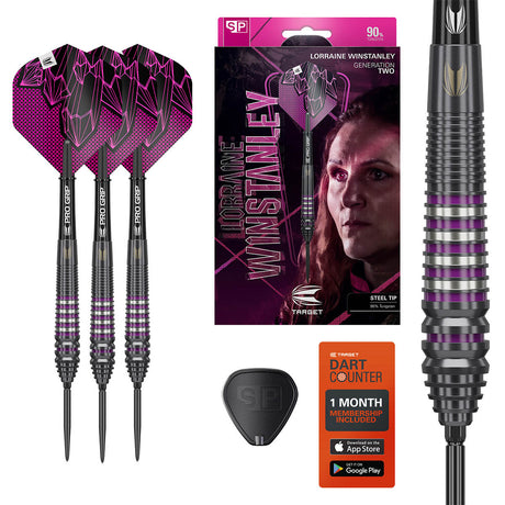 Lorraine Winstanley G2 SP Steel Tip Darts main product image showing the darts, packaging, flights, shafts, and included accessories