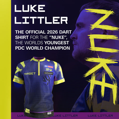 Target Luke Littler 2026 Playing Shirt front view image showing the complete shirt design, colours, and sponsor logos