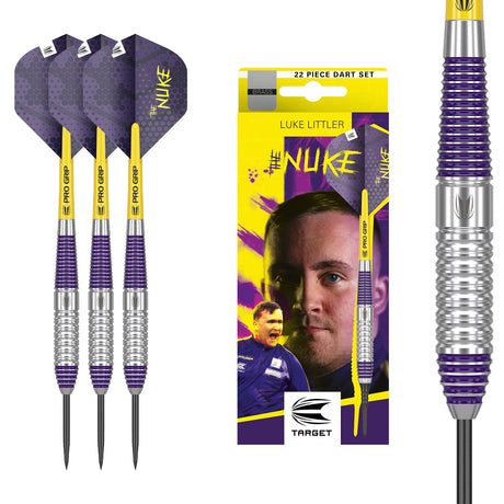 Luke Littler Brass Steel Tip Darts main product image showing the darts, packaging, flights, shafts, and included accessories