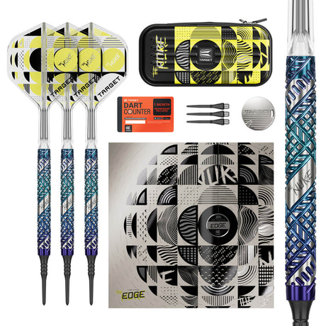 Luke Littler Edge Soft Tip Darts main product image showing the darts, packaging, flights, shafts, and included accessories