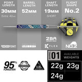 Luke Littler Edge Steel Tip Darts specifications image showing barrel dimensions, weight, and technical details