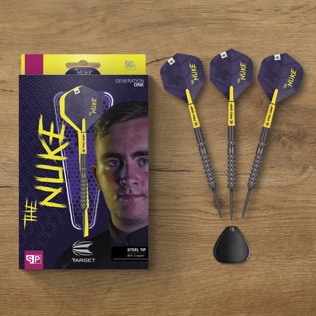 Luke Littler SP Steel Tip Darts lifestyle image showing the darts in a premium playing environment