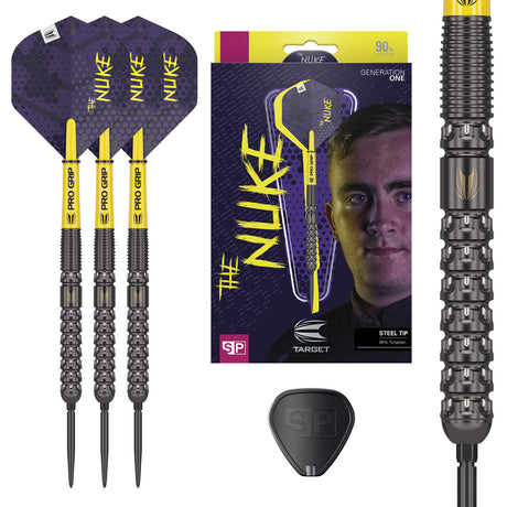 Luke Littler SP Steel Tip Darts main product image showing the box, darts, flights, shafts, and included accessories