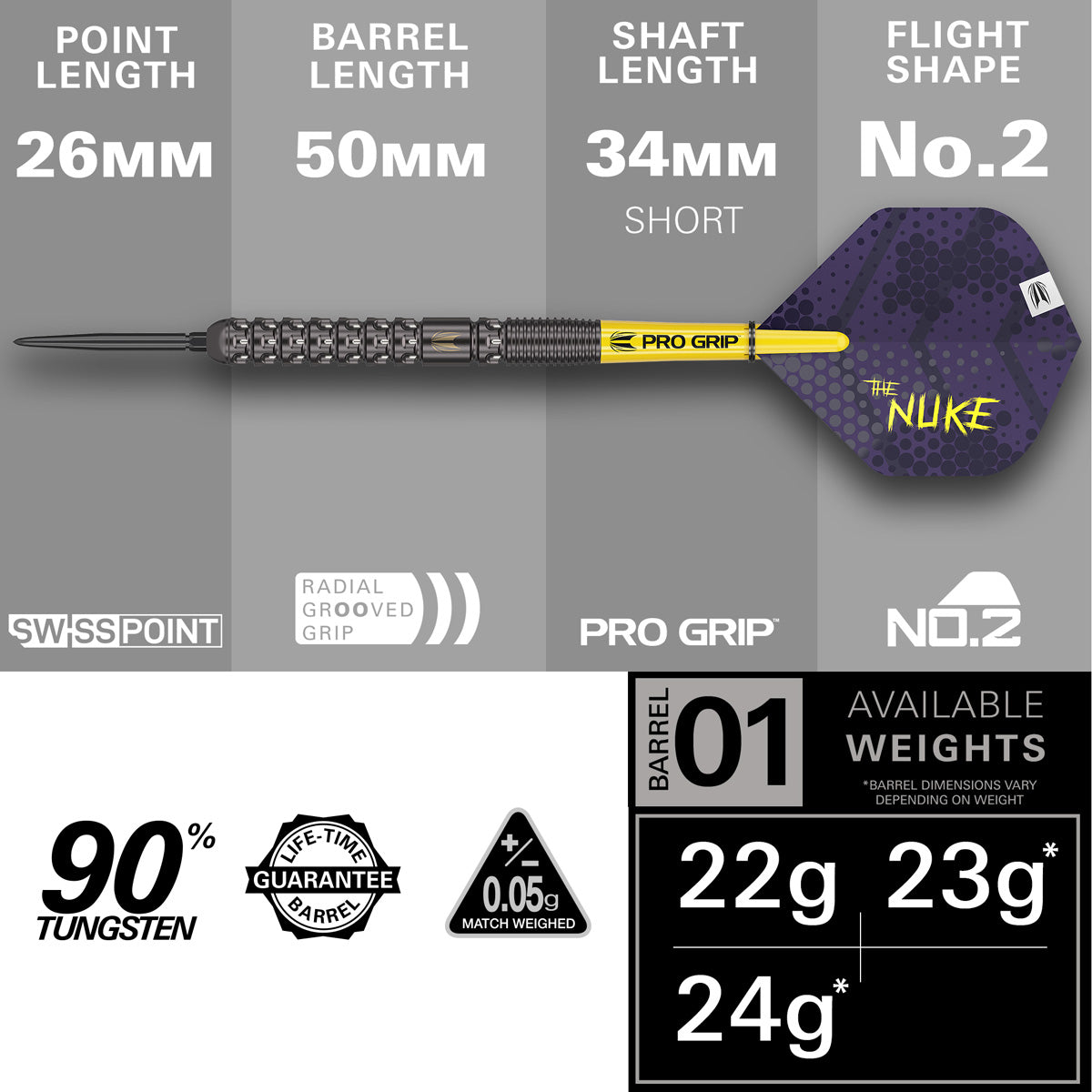 Luke Littler SP Steel Tip Darts specifications image showing barrel dimensions, weight, and technical details