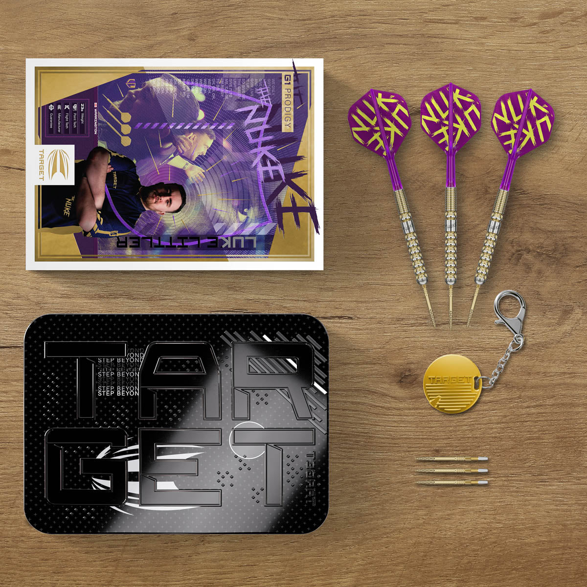 Luke Littler G1 Prodigy SP Steel Tip Darts lifestyle image featuring the darts in a premium playing environment