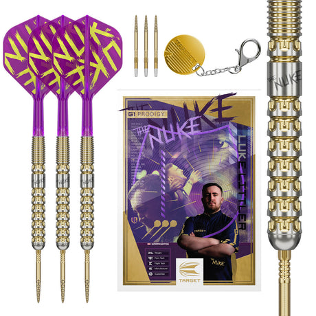 Luke Littler G1 Prodigy SP Steel Tip Darts main product image showing the darts, presentation box, flights, shafts, and supplied accessories
