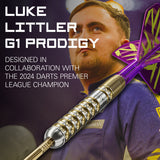 Luke Littler G1 Prodigy SP Steel Tip Darts player card image showing the collaboration with professional darts player Luke Littler