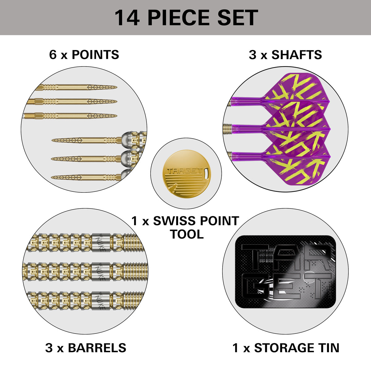 Luke Littler G1 Prodigy SP Steel Tip Darts box contents image displaying all included accessories and components