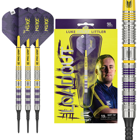Luke Littler Loadout Soft Tip Darts main product image showing the darts, packaging, flights, shafts, and included accessories