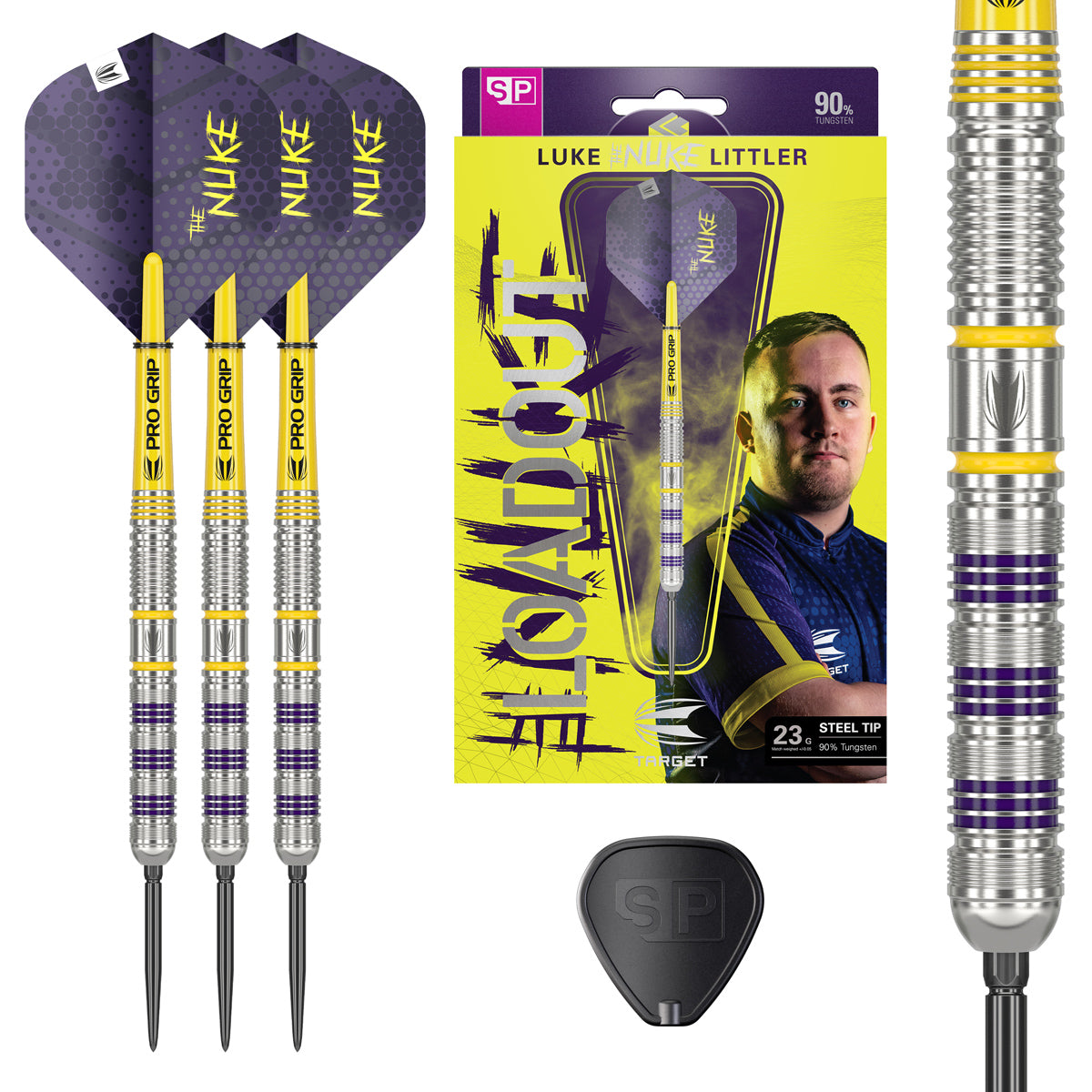 Luke Littler Loadout SP Steel Tip Darts main product image showing the box, darts, flights, shafts, and included accessories