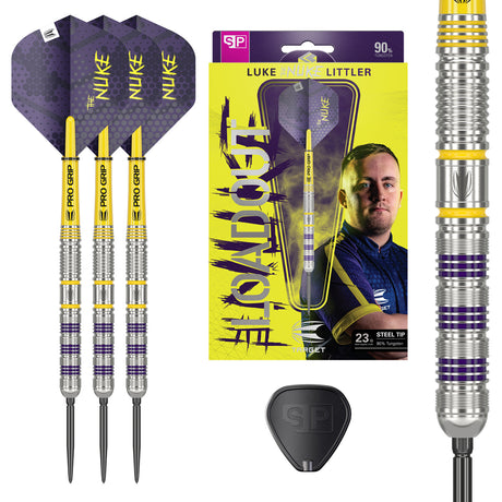 Luke Littler Loadout SP Steel Tip Darts main product image showing the box, darts, flights, shafts, and included accessories