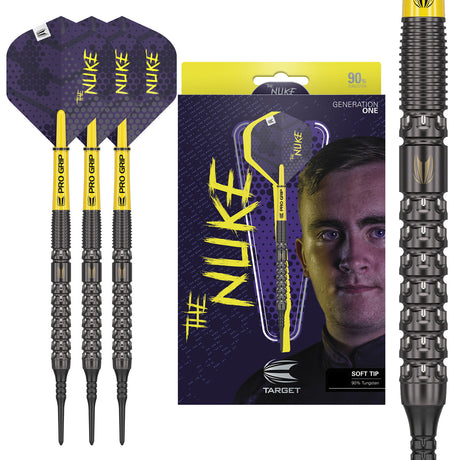 Luke Littler Soft Tip Darts main product image showing the darts, packaging, flights, shafts, and included accessories