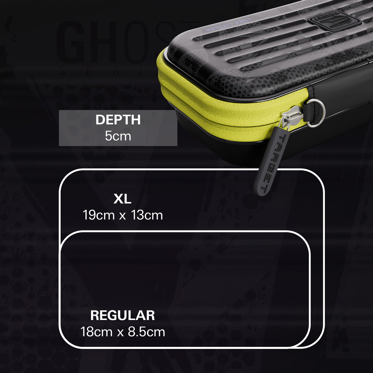 Target Luke Littler Takoma Ghost Dart Case dimensions image showing product measurements and storage capacity